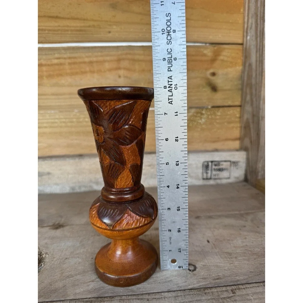 Vintage Hand Carved Wood  Bud Vase Folk Art‎ Decor Flower Design